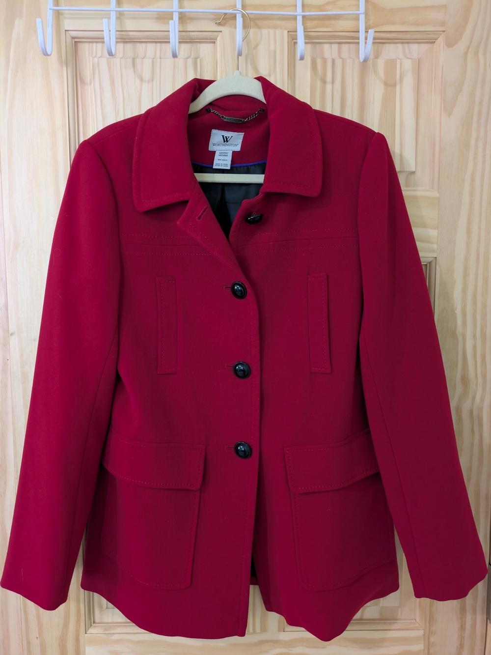 Worthington Bright Red Wool Blend Coat Tailored Mid-Thigh Winter Dress Jacket